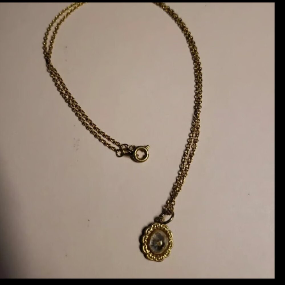 Vintage Pressed Forget Me Not 17” Necklace Gold Tone Oval Pendant